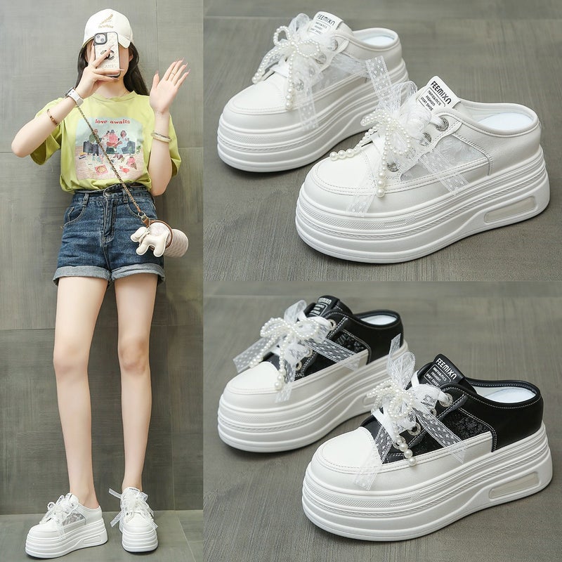 2025 Fashion Height-Increasing Closed-Toe Mules For Outdoor Wear, Lazy Thick-Soled Platform Delicate Mules, White Shoes - Image 2